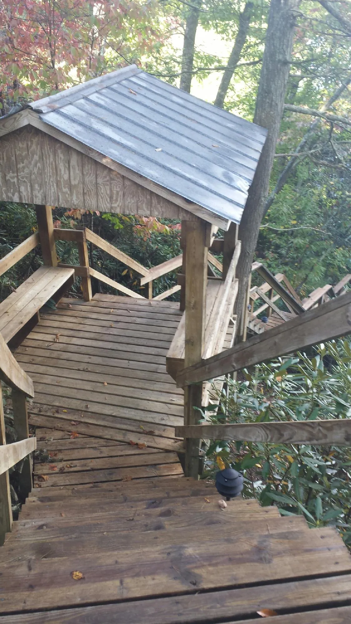 Metal roofed shelter over wooden steps on a wooded walkway — Skylight Repair & Installation work by our crew in Mellott